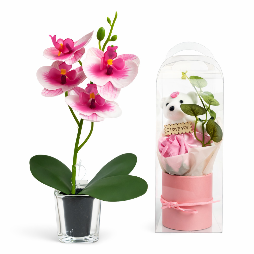 Kit Orquídea com 4 Flores Presente Delicado Urso na Caixa