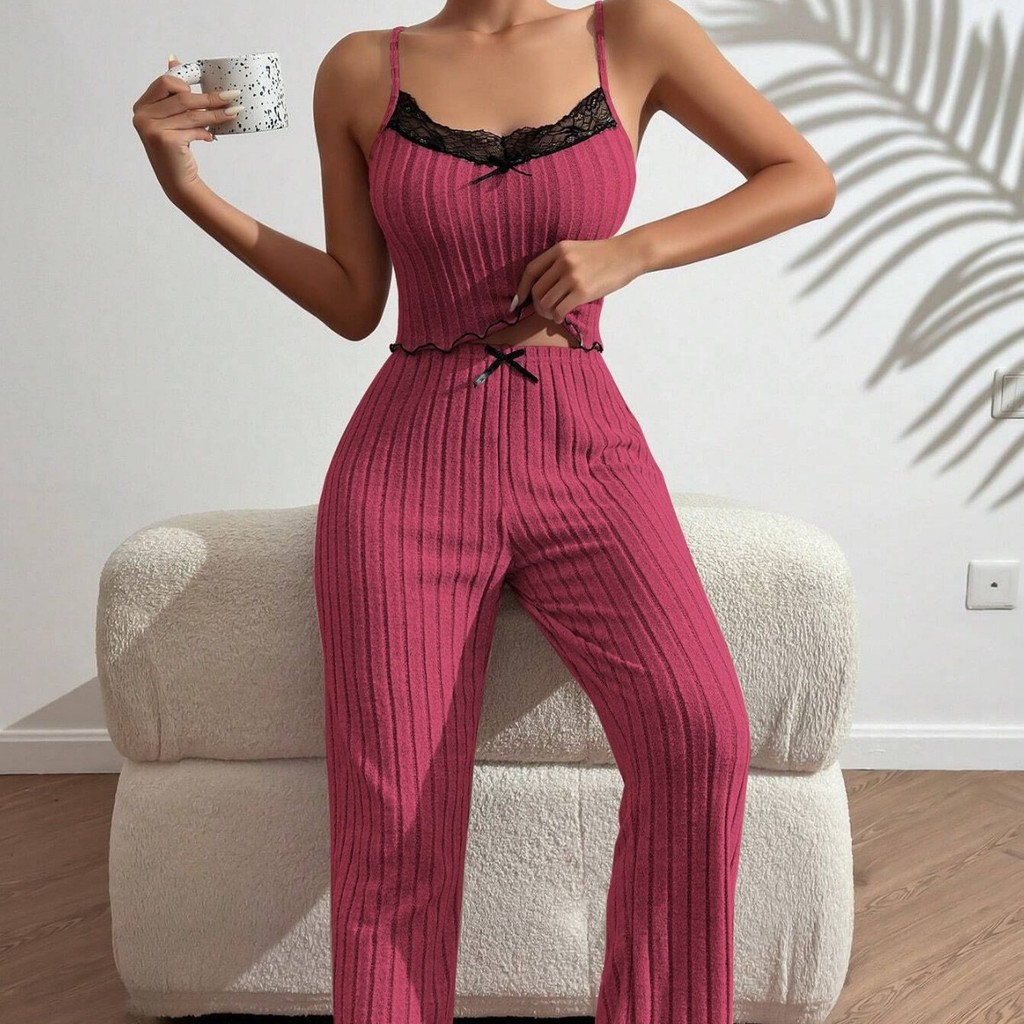 Europeu americano Loungewear Pit Strip amor camisola pijamas feminino pode usar fora calças terno de duas peças — imagem 2 de 2