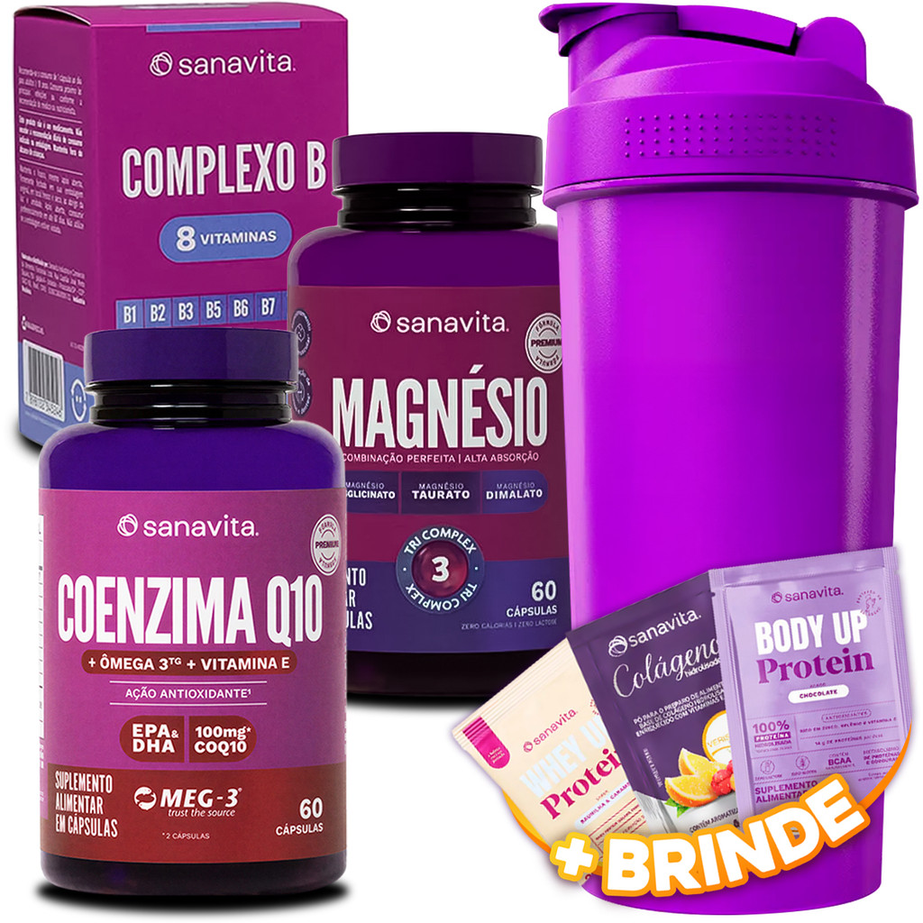 Kit Coenzima Q10 Sanavita + Magnésio Tri Complex + Complexo B Vitaminas B12 + Coqueteleira 600ml