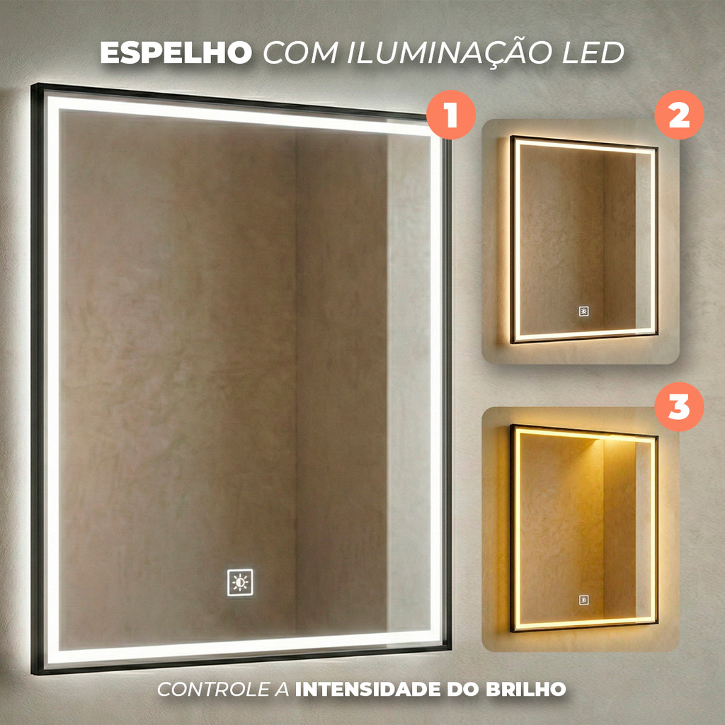 Espelho Retangular LED 40x60cm Banheiro Maquiagem com Iluminação e Brilho Ajustável