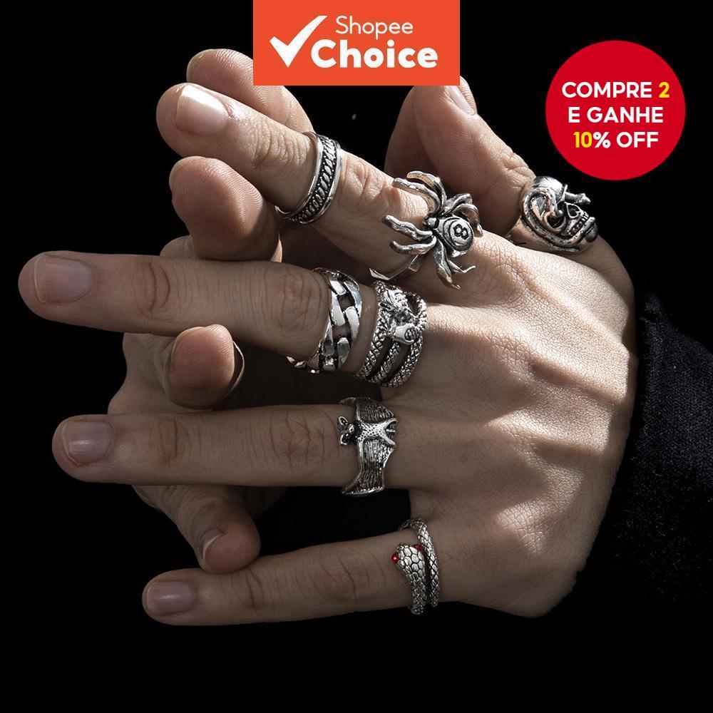7 pçs novo estilo Retro Hip-Hop estilo escuro crânio aranha anel de 8 caracteres criativo único Metal cobra anel conjunt