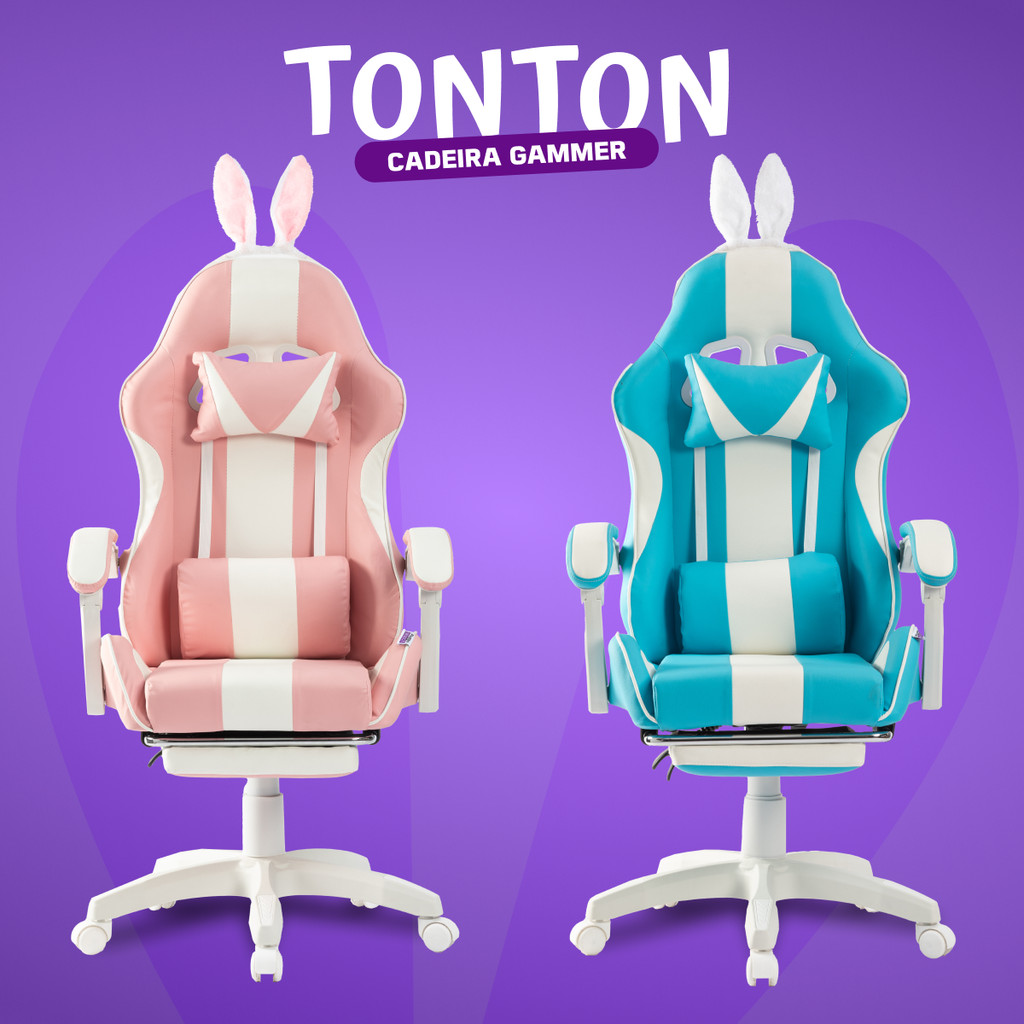 Imagem Cadeira De Pc Gamer Rosa Violeta Azul Com Orelhinha De Coelho Reclinável Ergonômica Giratória 150Kg