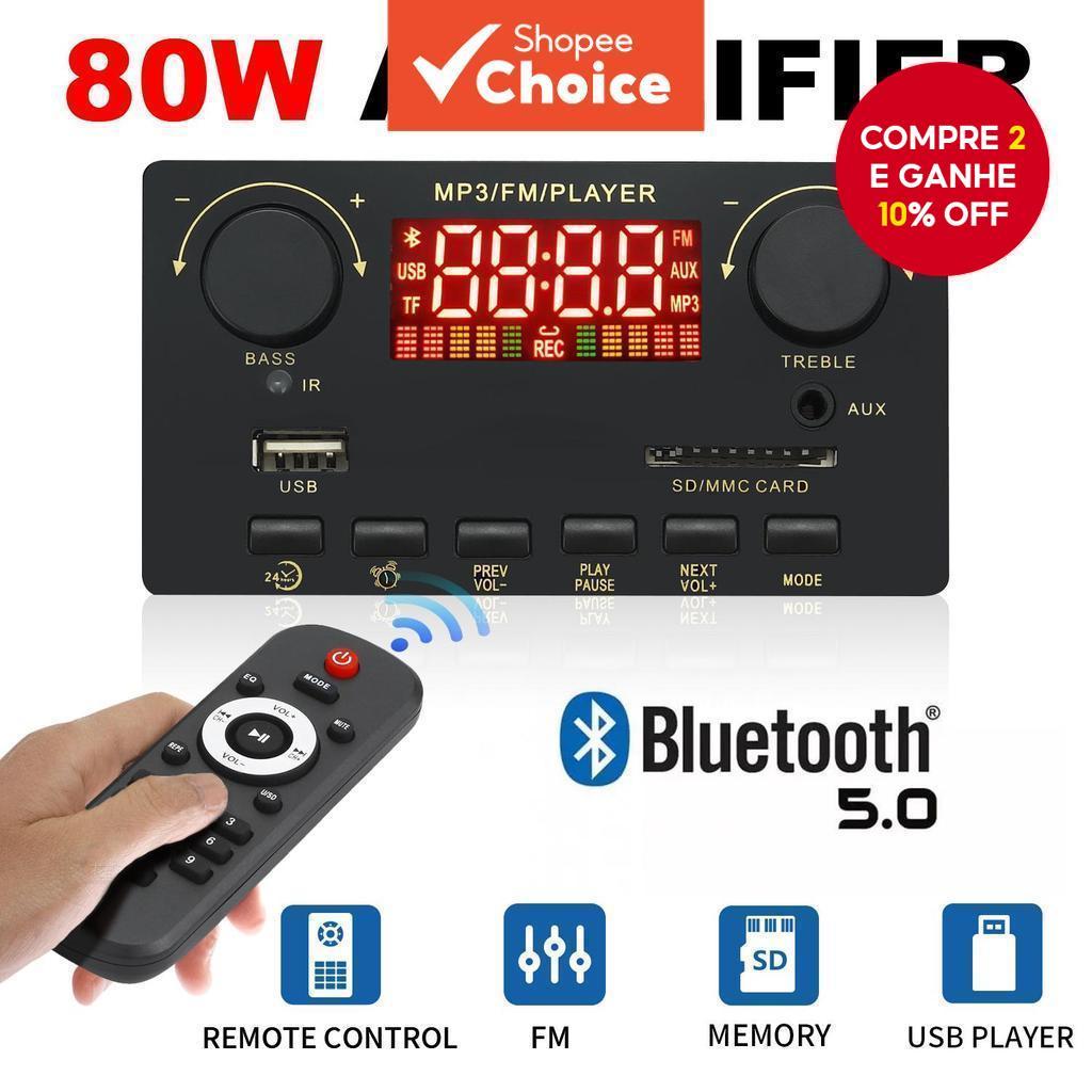  Placa amplificadora de 160W Bluetooth 5.0 com USB, TF, rádio FM e despertador para carro