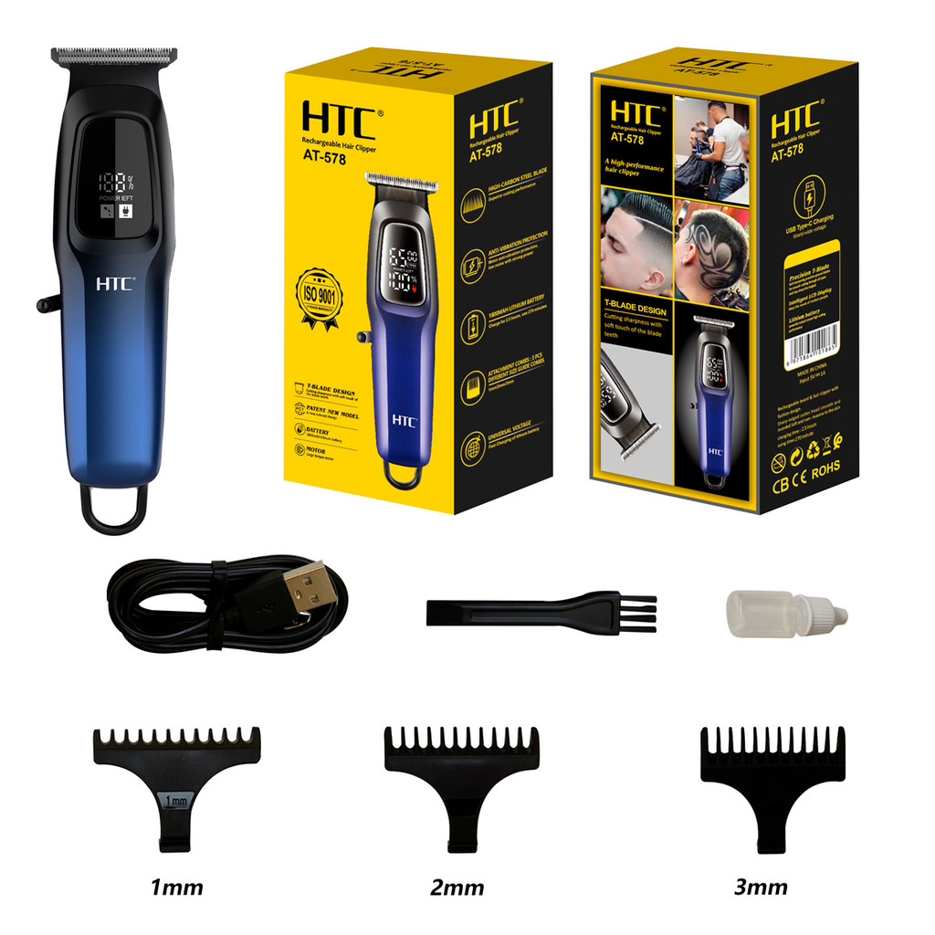 Máquina Cortar Cabelo Barba Acabamento Recarregável HTC AT-578 USB-C Visor LED T-Blade