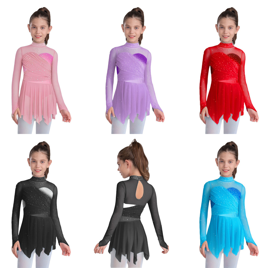 inhzoy Crianças Meninas Dança Lírica Figura Patinação Traje Mock Pescoço Mangas Compridas Strass Brilhantes Bainha Irreg