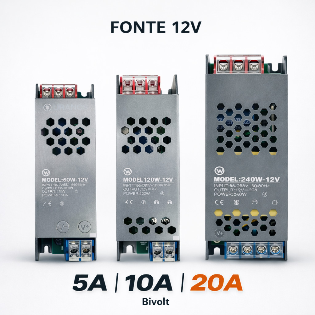 Fonte Chaveada 12V Bivolt 5A 10A 20A Alimentação Para LED CFTV Automação 12V