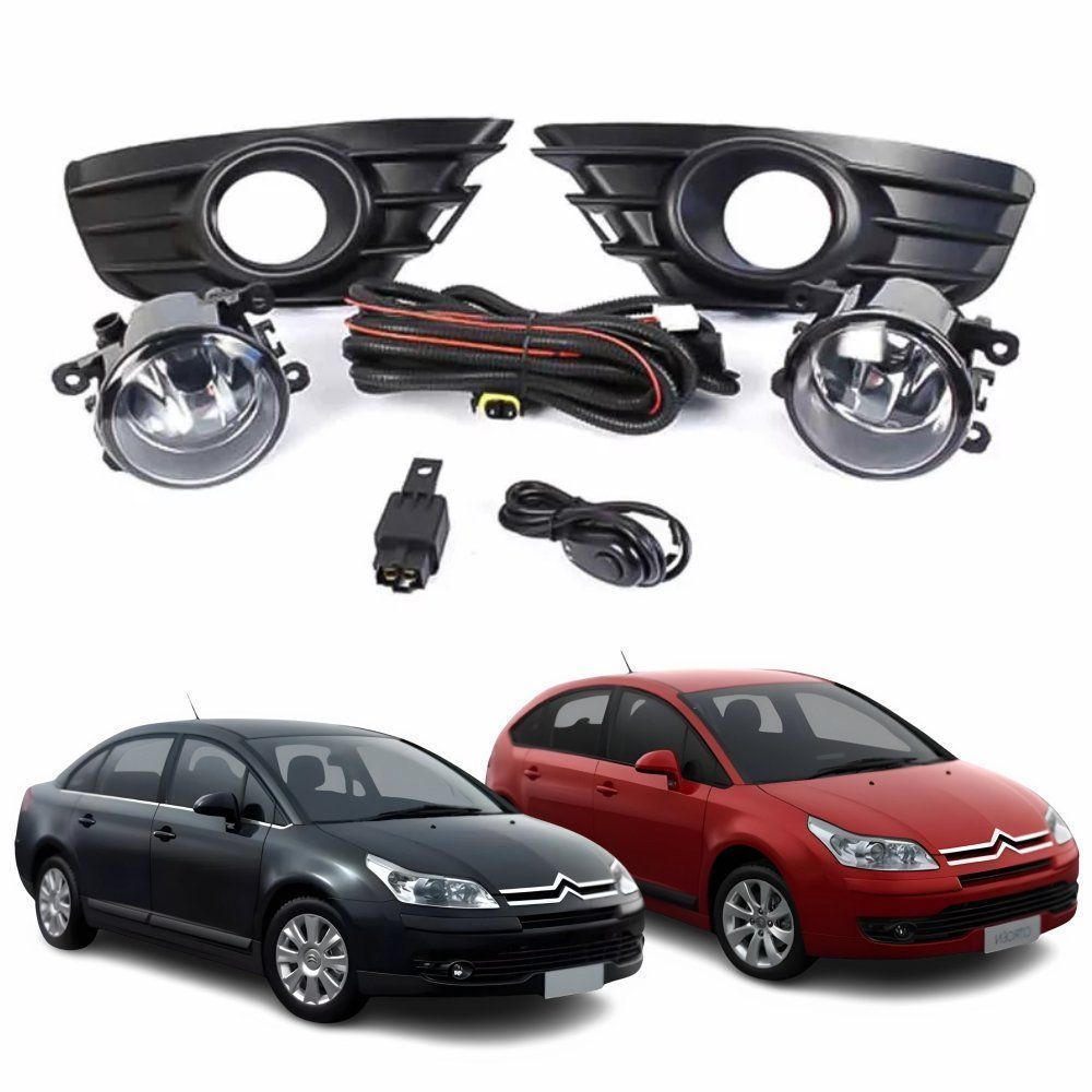 Kit Farol Auxiliar De Milha Citroen C4 Pallas Hatch 2006 Até 2012 Moldura Preta Botão Colante