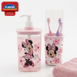 Kit Banheiro Rosa Minnie 2 Peças Porta Sabonete Liquido Porta Escova Plastico Plasutil