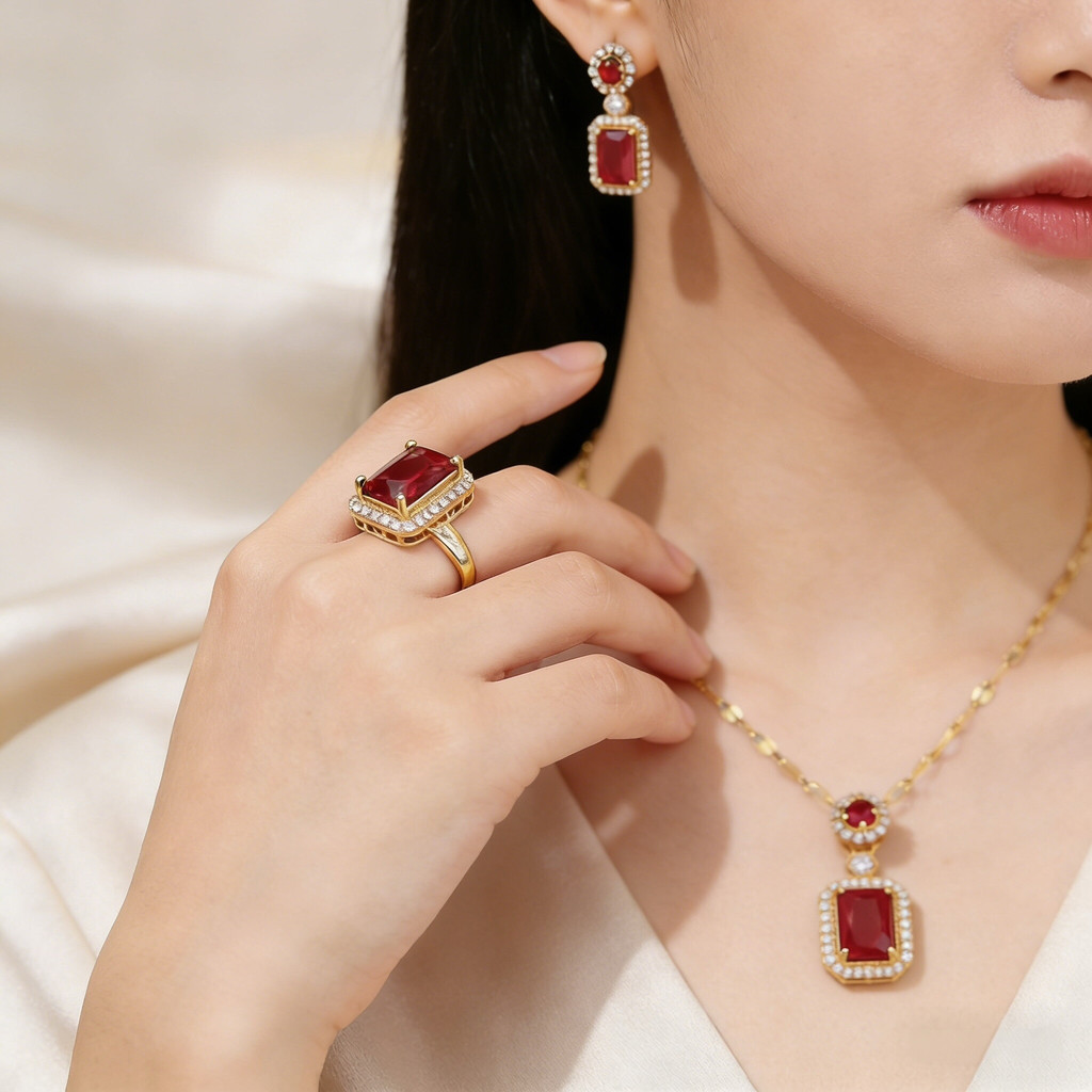 Conjunto de Jóias Vermelho Rubi com Zircônia Cúbica, Ouro 14K, Brinco + Colar + Anel Ajustável para Casamento Festa