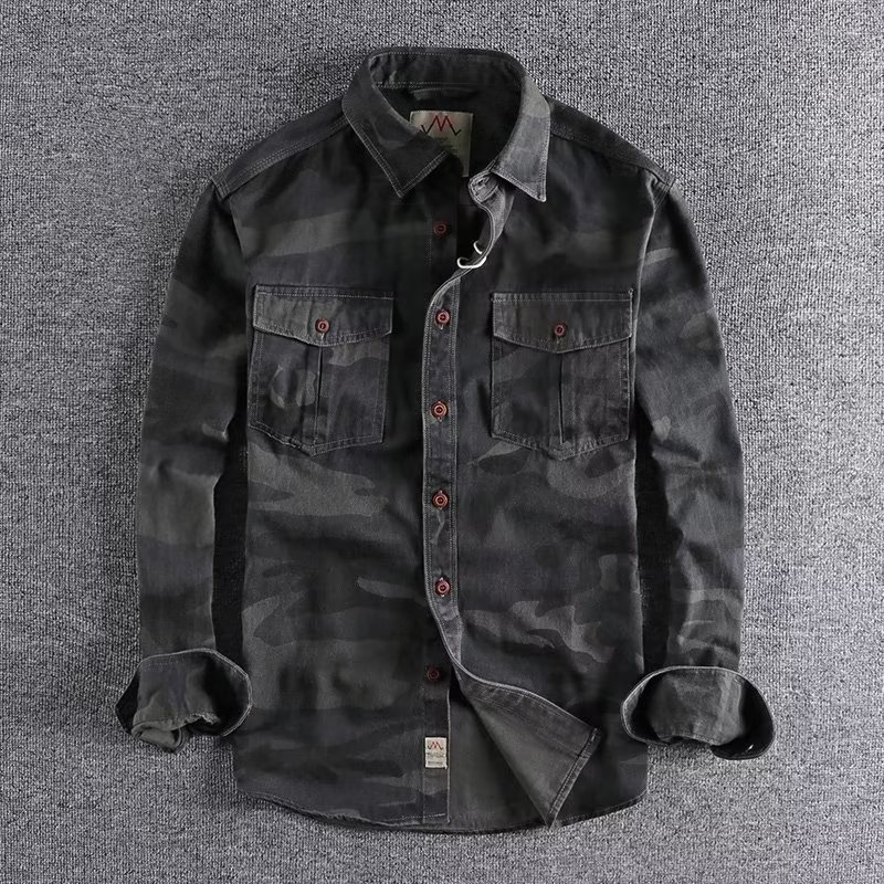 Primavera outono lavado camuflagem estilo americano Workwear camisa de manga comprida masculina bolsos duplos All-Match 