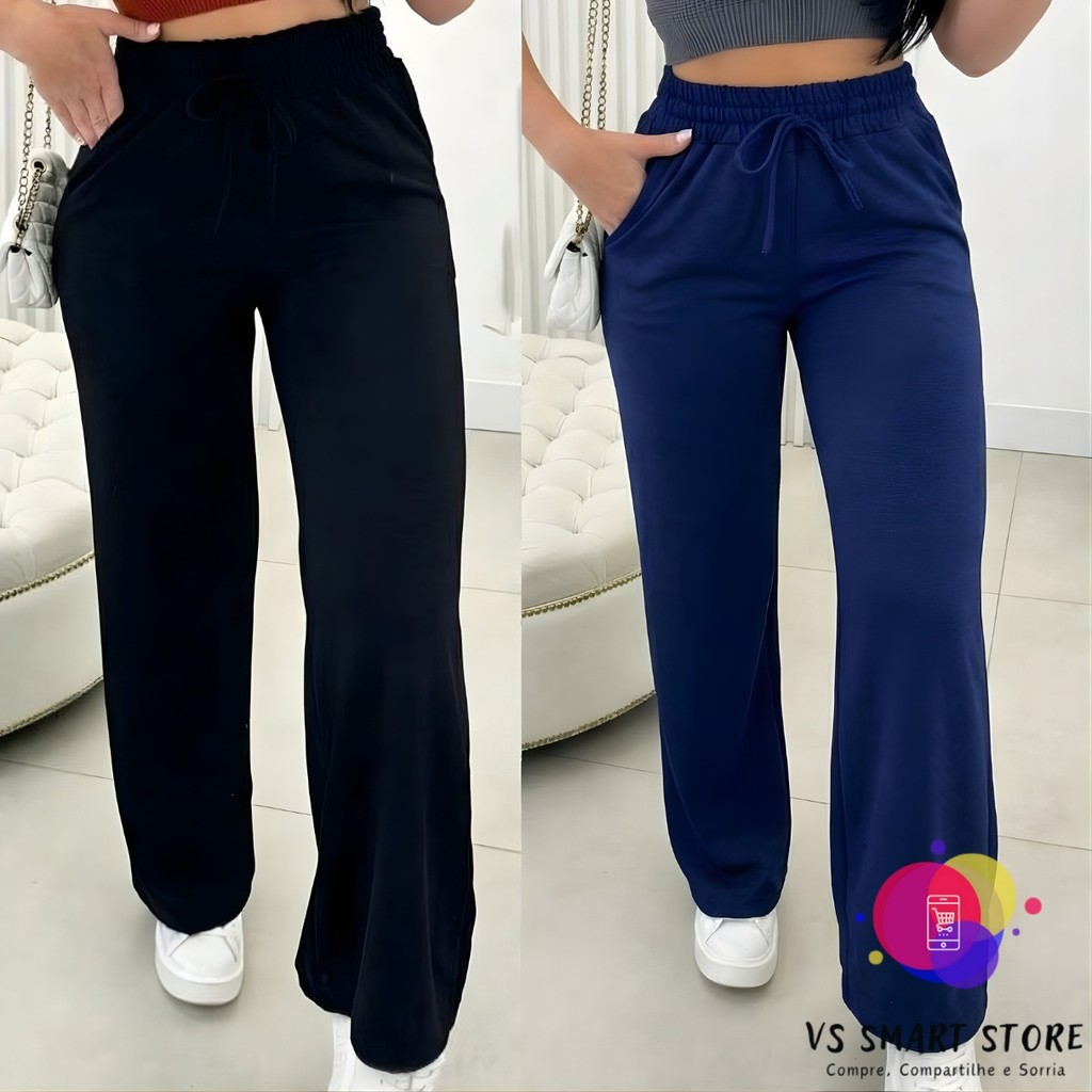 Kit 02 Calças PANTALONA LANZINHA Feminina Cintura Alta Com Elastico e Bolso Outono / Inverno Promoção