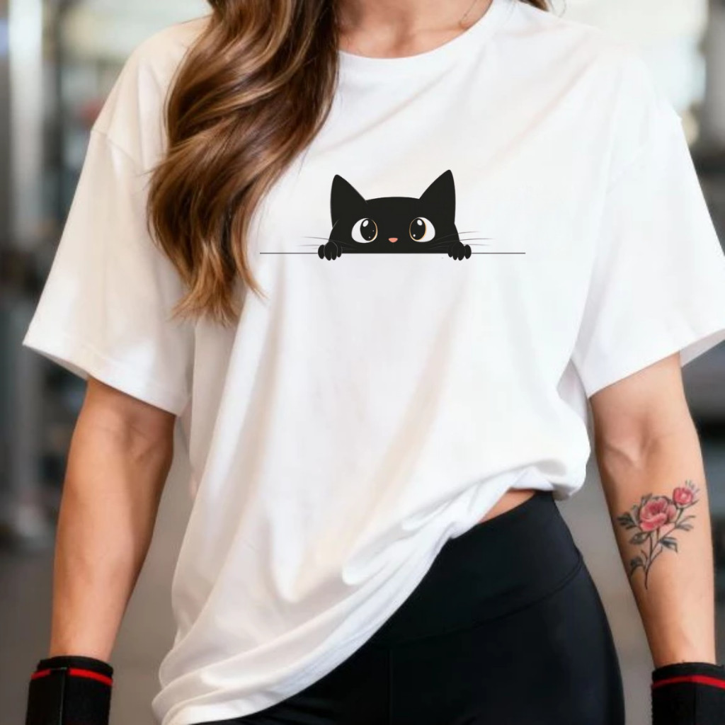Camiseta Gatinho Fofo Algodão Feminina Treino Academia Fitness Musculação, divertida desenho