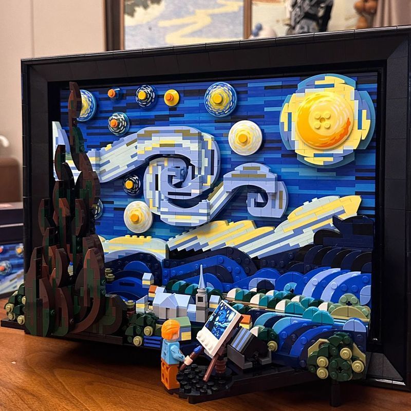 Compatível com Lego Van Gogh Céu Estrelado Estrela Lua Noite Blocos de Construção 3D Ornamento de Quebra-cabeça Tridimen