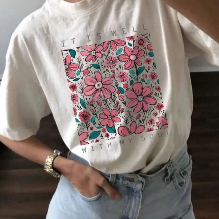 Camisa feminina flores casual modelo estilo casual moda verão camiseta 100% algodão