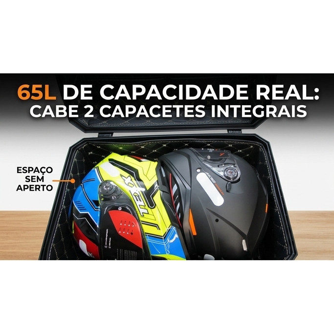 Baú 65L Moto Premium Forrado 2 Capacetes Trava Base + Tampa