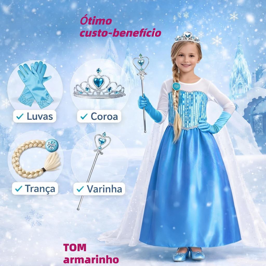 Fantasia Elsa Princesa Infantil Frozen Vestido Luxo Kit Completo com Vestido Coroa  Varinha  Luvas e Trança