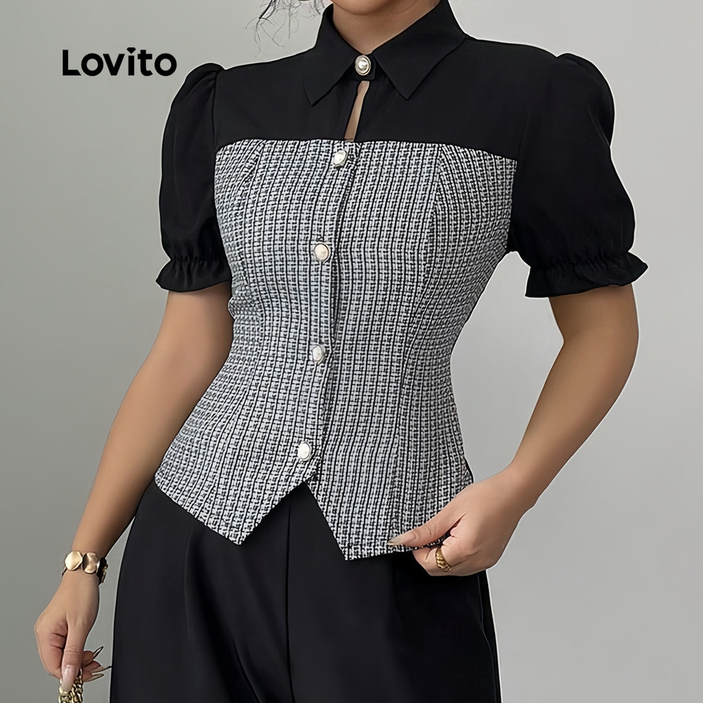 Lovito Blusa Elegante com Botões e Costura em Tecido Preta para Mulheres primavera/verão LBL35206 · foto 2
