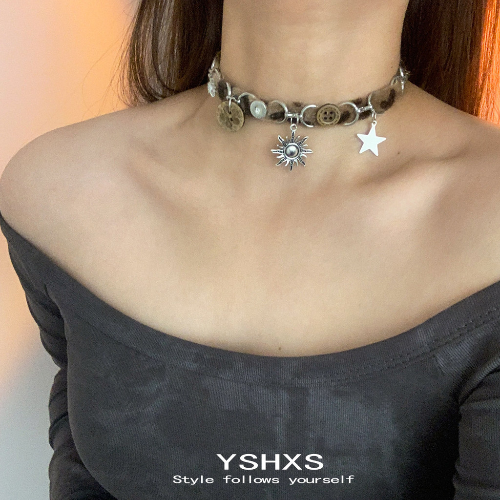 YSHXS doce legal sol estrela Retro Merad botão costura leopardo impressão clavícula corrente Punk gargantilha legal 