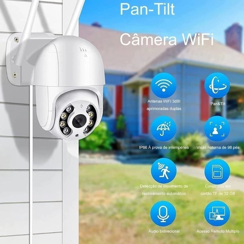 Câmera de Segurança Externa WiFi HD - Prova d'Água, Infravermelho, Sensor de Movimento e Alarme