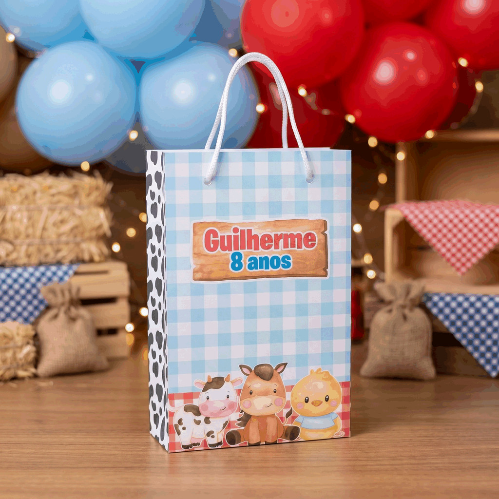 Sacolinha Personalizada com Nome e Idade - Tema Fazendinha - Lembrancinha Aniversário - Pegue e Monte