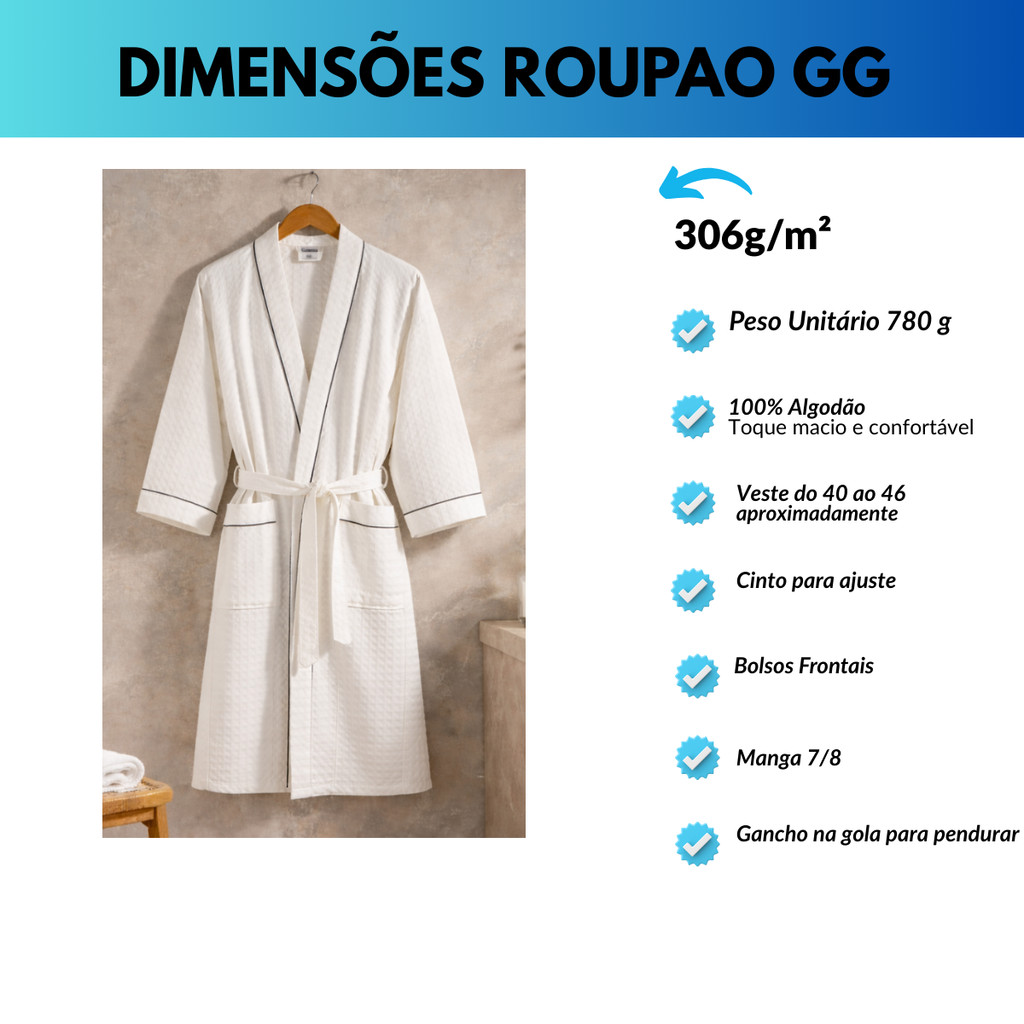 Detalhes do Roupão Banho Premium 100% Algodão Toque Macio Alta Absorção Hotel Spa