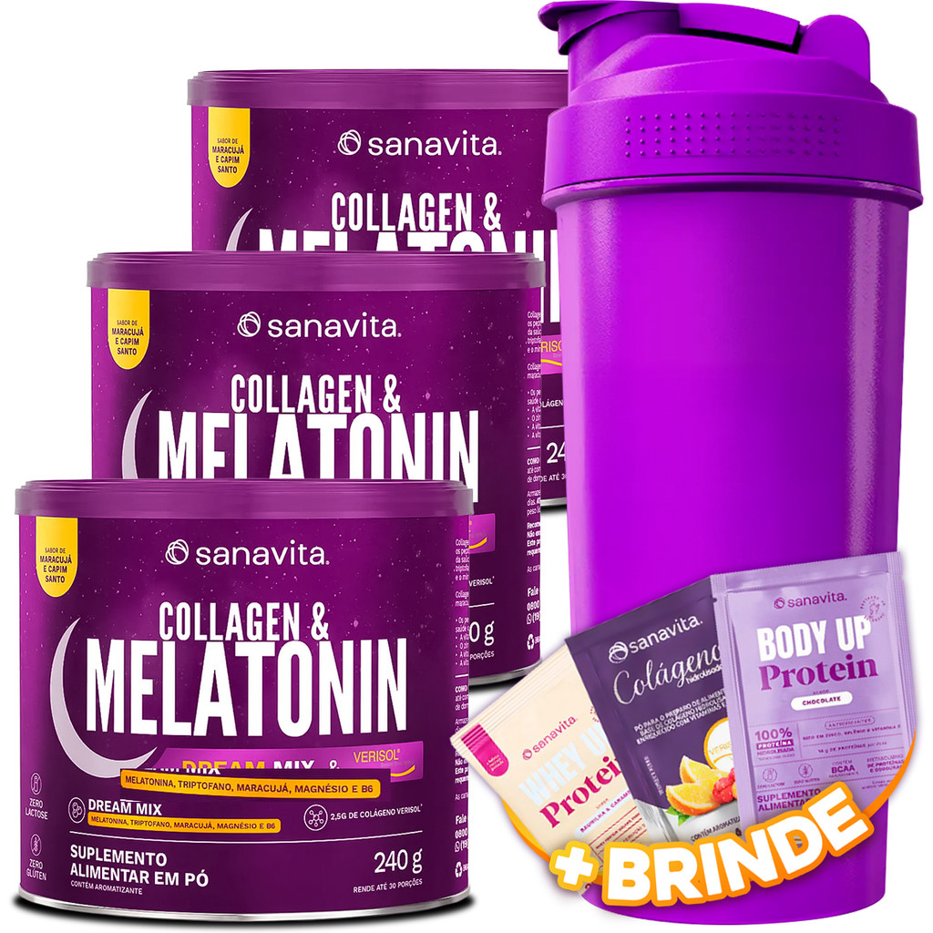 3x Colageno Verisol Collagen & Melatonin Sanavita 240g Maracujá Capim Limão + Coqueteleira 600ml