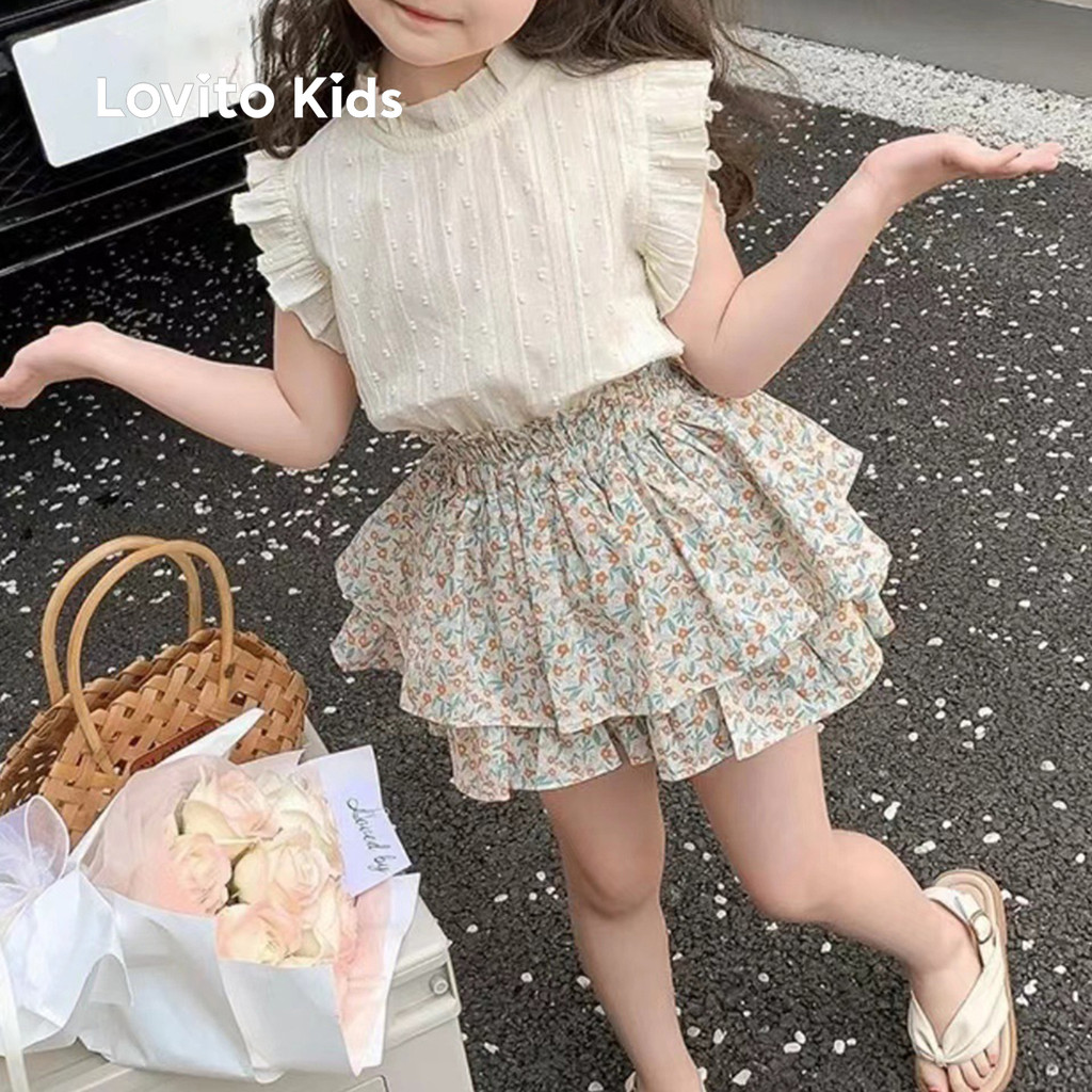 Lovito Kids Conjuntos de Shorts Bonitos de Tecido com Costuras e Babados para Primavera/verão para Menina LNL111227 em Oferta na Shopee