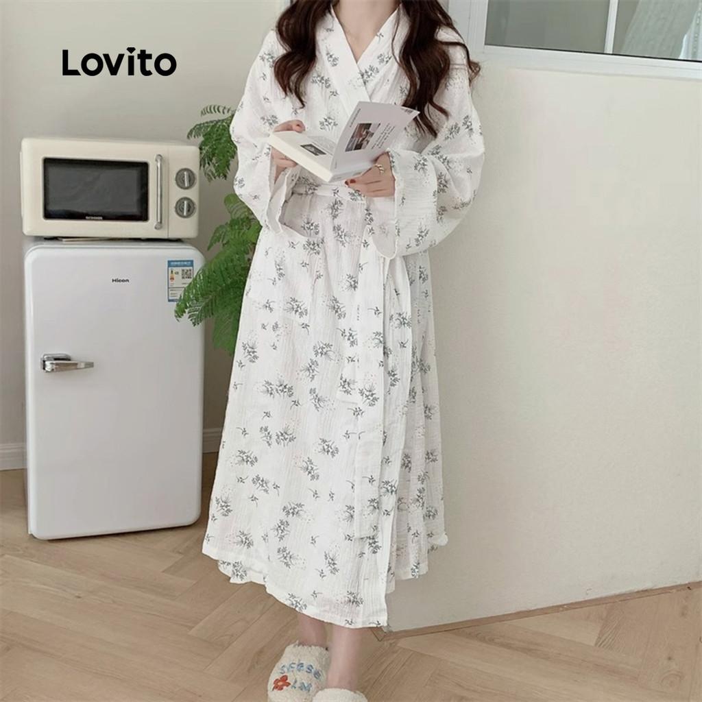 Detalhes do Lovito Roupão de Algodão e Linho Fofo Look de Casal com Cinto Mãe/Verão para Mulheres LNE121X026