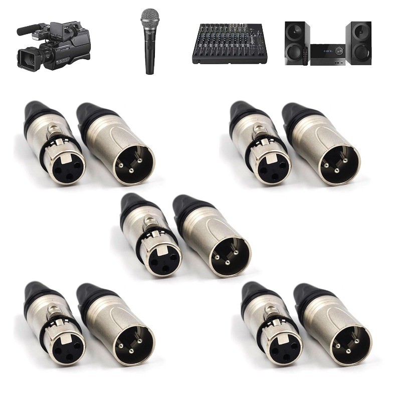 Kit 10 Conectores Xlr 5 Plug Macho + 5 Plug Fêmea 3 Polos fêmeas, para cabo de microfone, soldável.