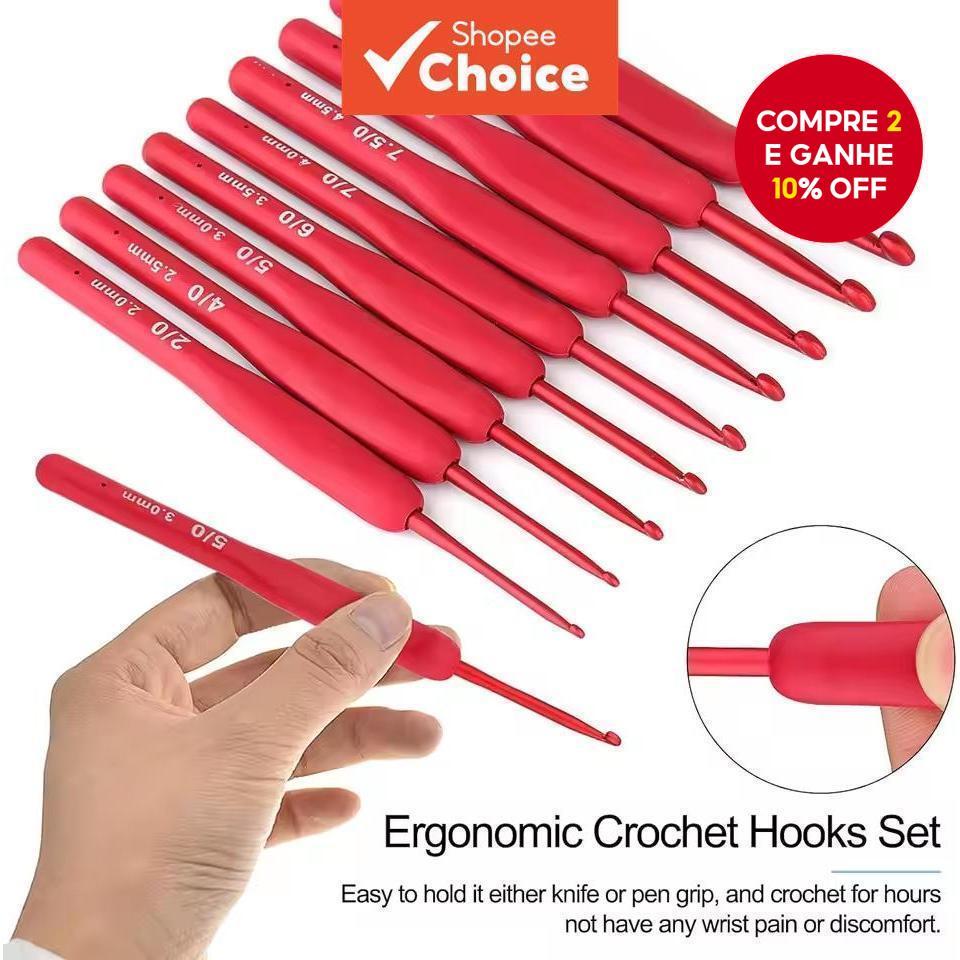 Conjunto de Agulhas de Crochê em Alumínio com Cabo de Silicone para Mãos Artríticas – Presente de Crochê (9 Peças) em Oferta na Shopee