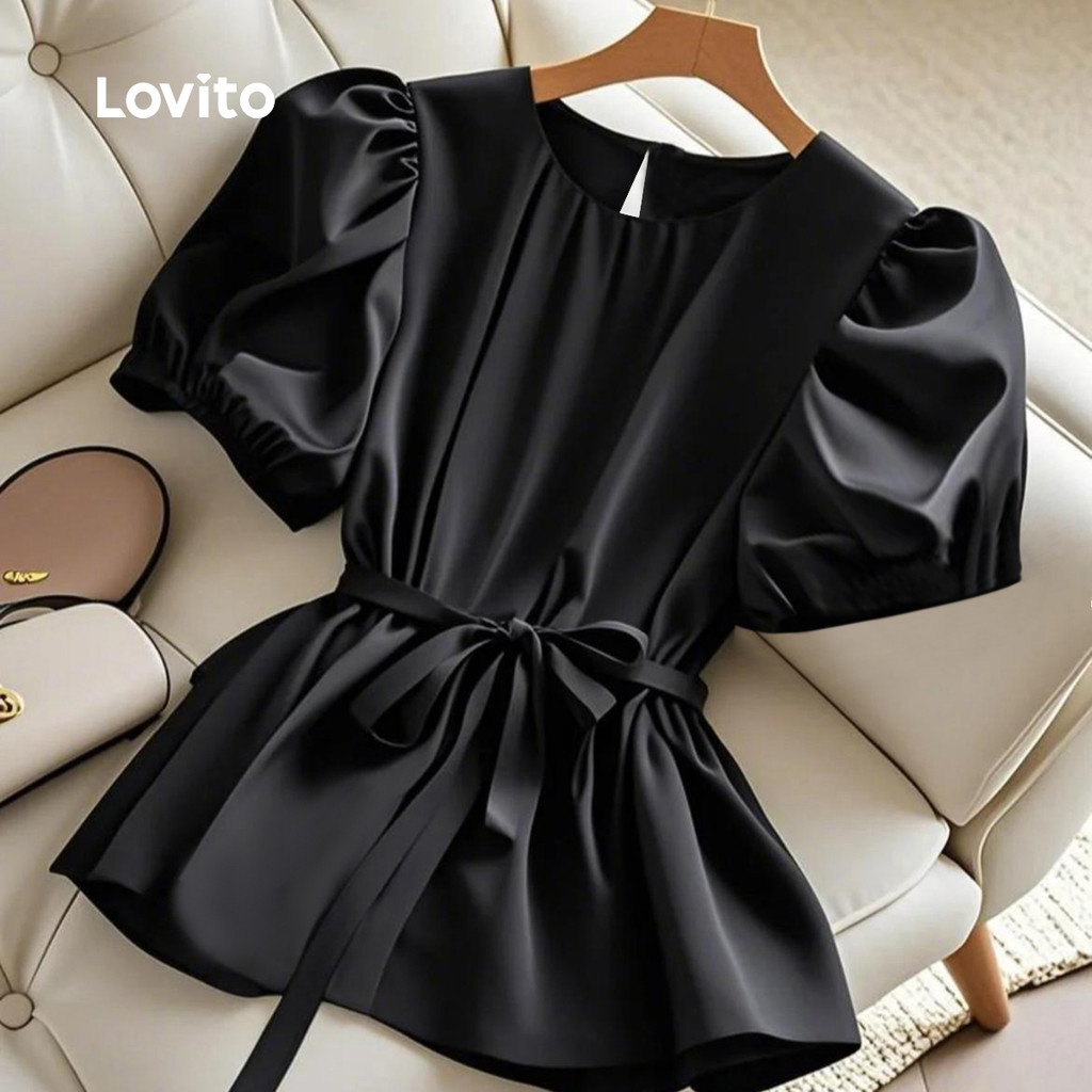 Lovito Blusa Casual com Renda e Pregas para Mulheres - Primavera/verão Na Cor preta L166AD256 em Oferta na Shopee