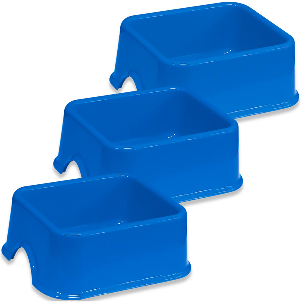 Kit 3x Comedouro Para Cães e Gatos Furacão Pet Quadrado N4 2 Litros P Ração e água Cor Azul