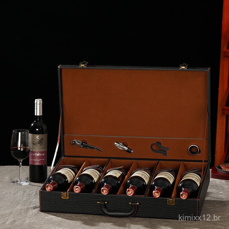 Caixa de embalagem para vinho tinto para quatro garrafas, caixa de vinho em couro com padrão de crocodilo, caixa de pres