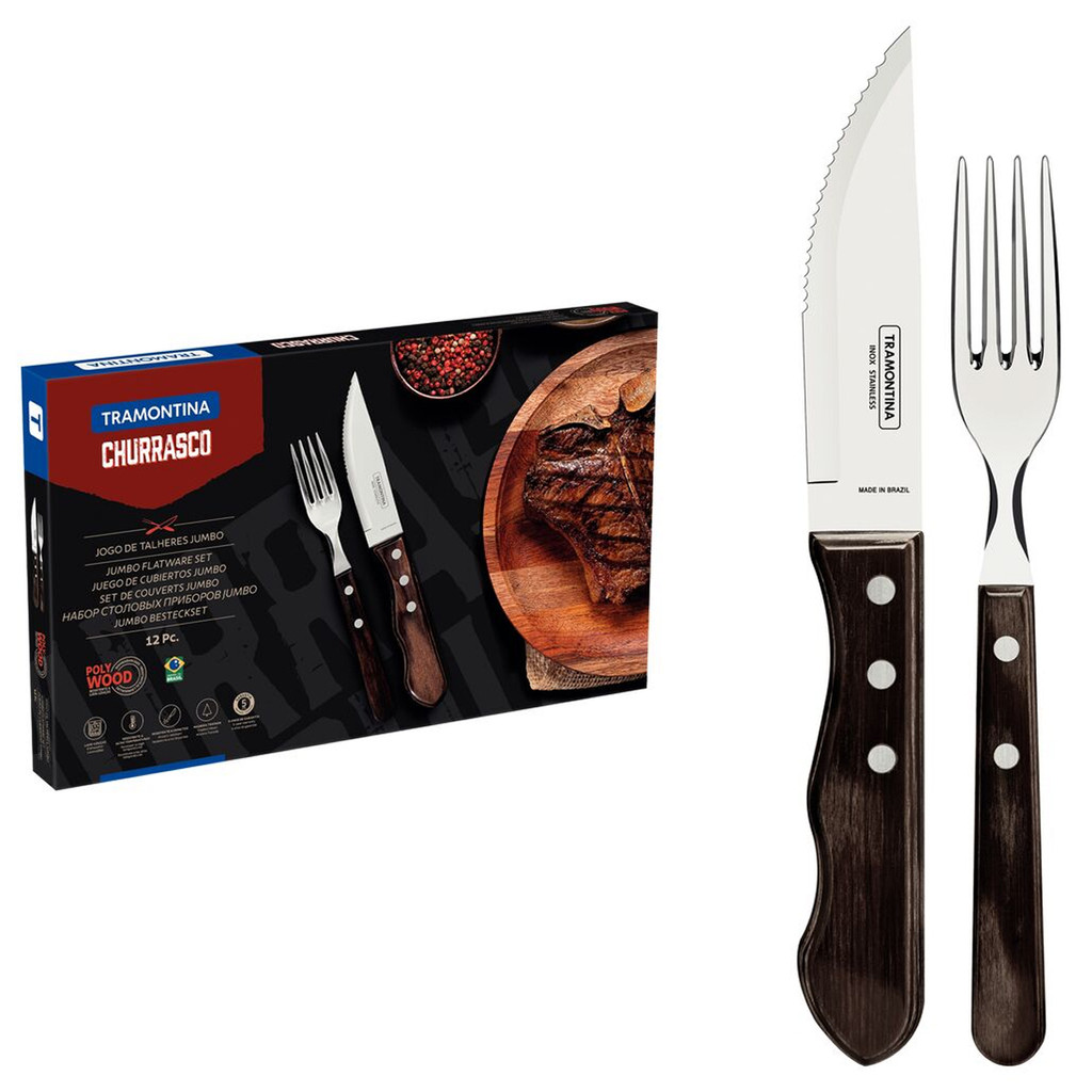Jogo De Talheres Jumbo Tramontina Churrasco Garfo e Faca 12 Peças Aço Inox Cabo Madeira Polywood