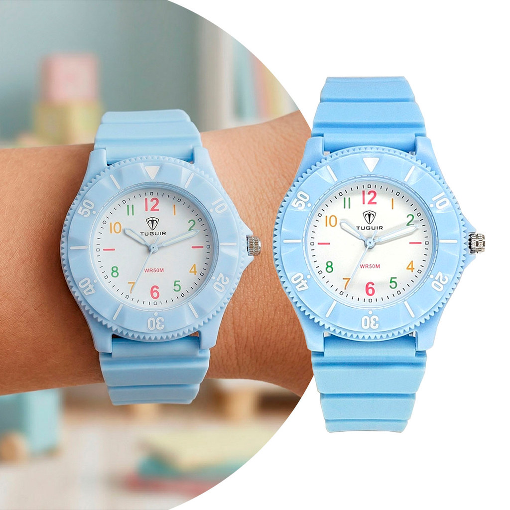 Relógio Analógico Masculino Infantil Azul com Caixa de Polímero e  Pulseira de Silicone à Prova D Água Elegante Tuguir