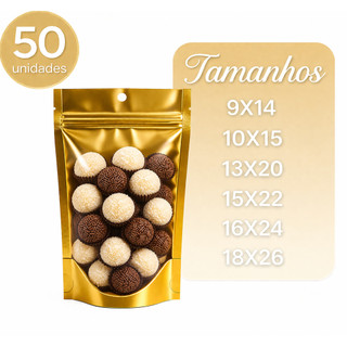 Saco Stand Up Pouch Dourado Brilhante C/50 Un Laminado Metalizado Zip Visor Transparente Hermético