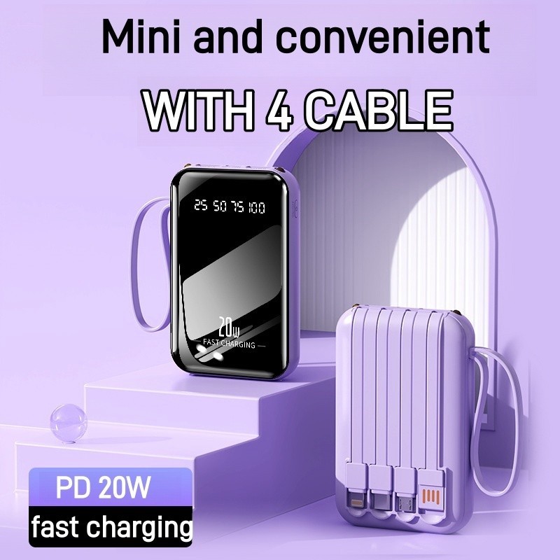 Mini Powerbank 20000mAh Carregamento Rápido 5 Saídas + 2 Entradas Portátil Embutido 3 Cabos Display LED Digital