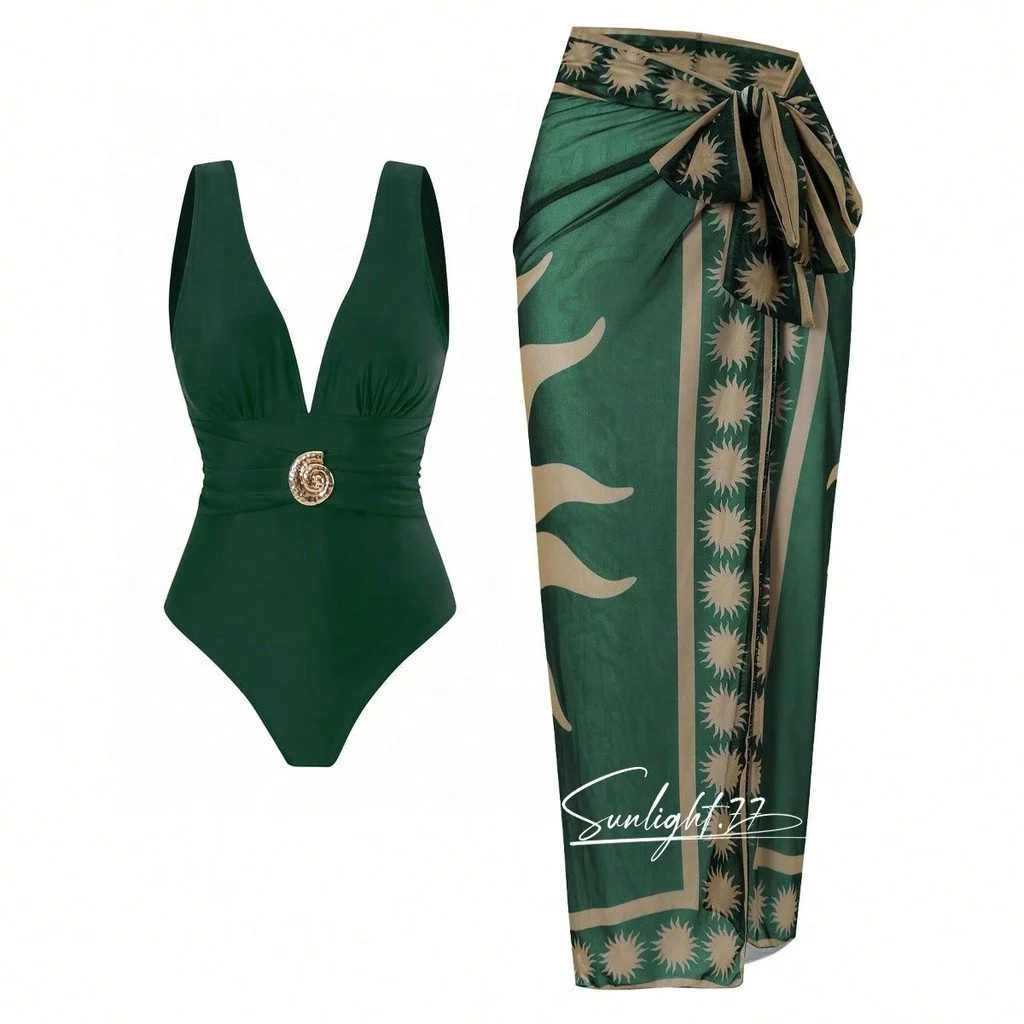 Maiô de Praia Feminino de Uma Peça, Biquíni Sexy, Moda Praia com Decote em V, Estampa Vintage, Conjunto com Saída de Pra