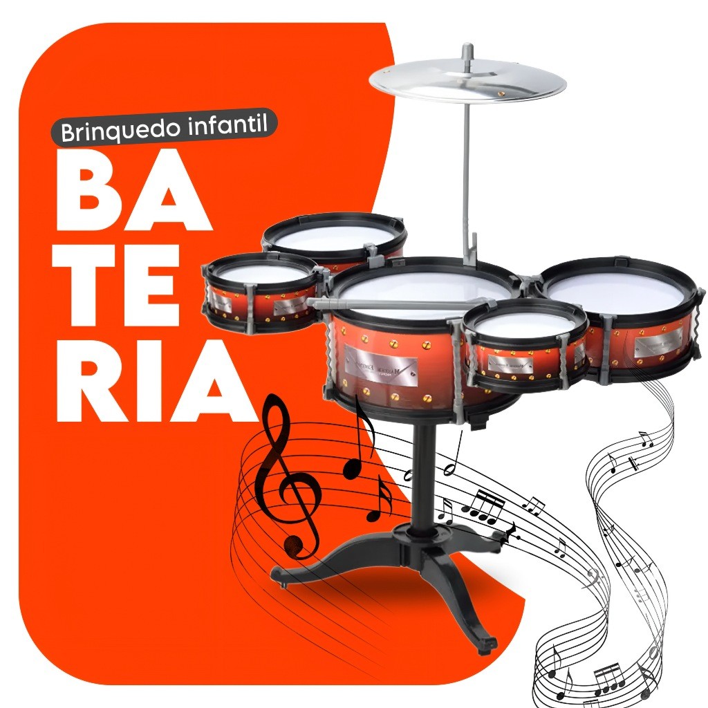 Bateria Musical Infantil 5 Tambores 2 Baquetas Brinquedo Educativo Crianças Desenvolve Coordenação