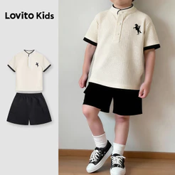 Lovito Kids Casual Conjuntos de Shorts com Botões Jaquard Primavera/verão Preto e Branco para Meninos L180LD241