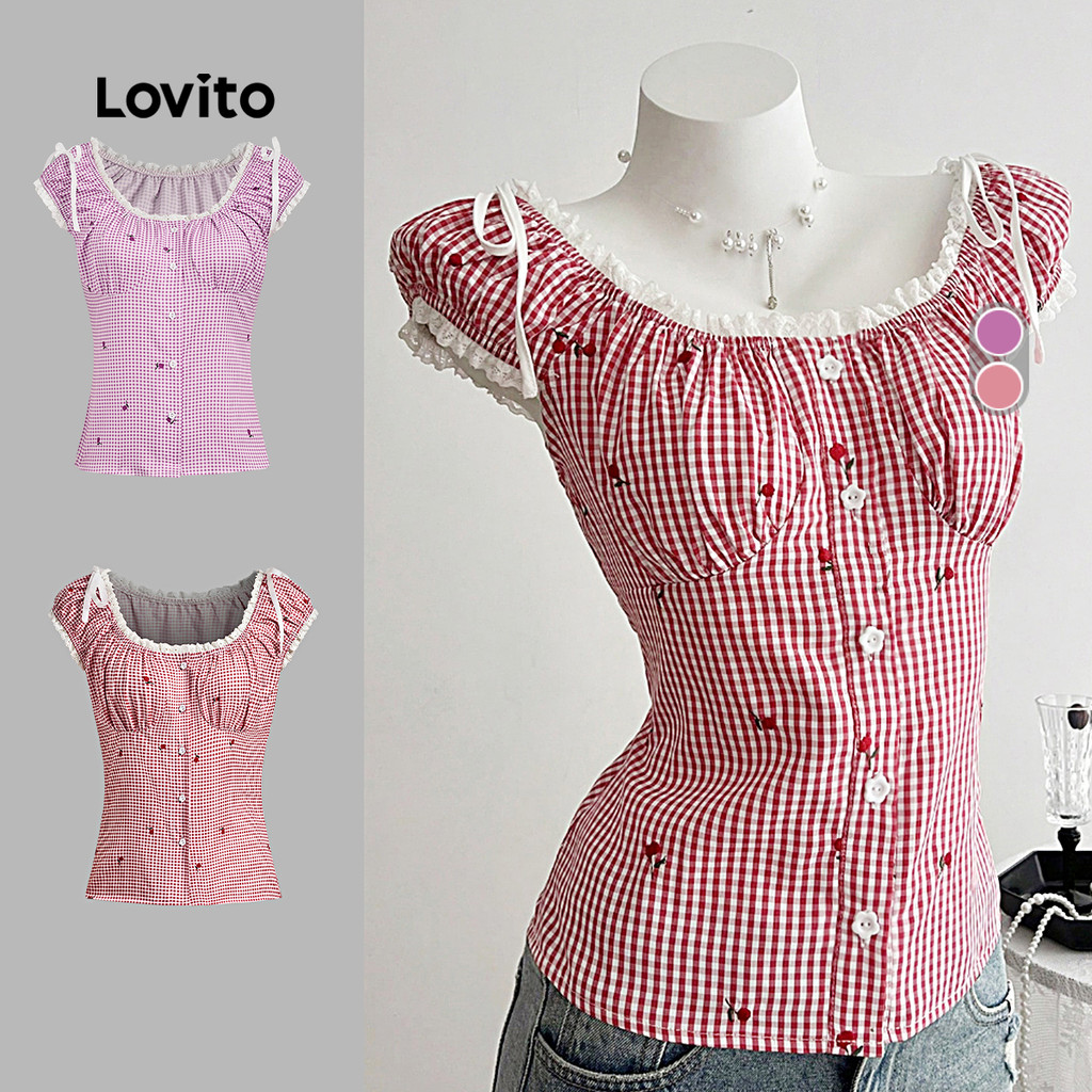 Lovito Blusa Feminina Fofa Com Amarração Nas Costas Vermelha Casual Babado Ajuste Justo Primavera/verão L144AD157