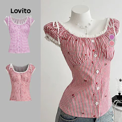 Lovito Blusa Feminina Fofa Com Amarração Nas Costas Vermelha Casual Babado Ajuste Justo Primavera/verão L144AD157