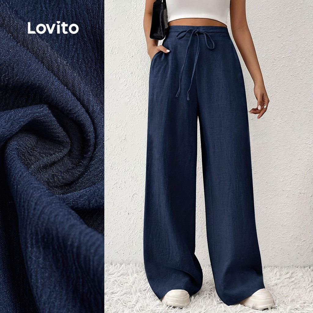 Lovito Casual Calça com Amarração Clássica e Versátil Primavera/verão Azul para 