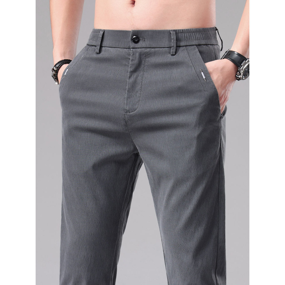 Calças de estilo fino terno de verão masculino roupas masculinas de seda gelo calças casuais calças masculinas retas sol