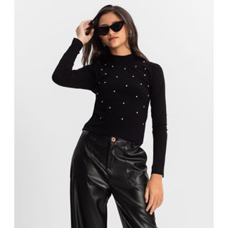 Blusa Juvenil Feminina Em Ribana Minty Preto em Oferta na Shopee