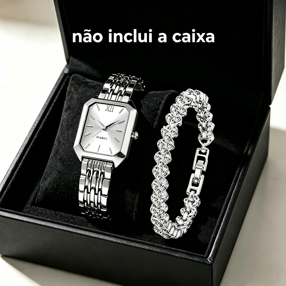 Conjunto de relógio quadrado prateado feminino e pulseira de coração com strass Acessório de moda para presente