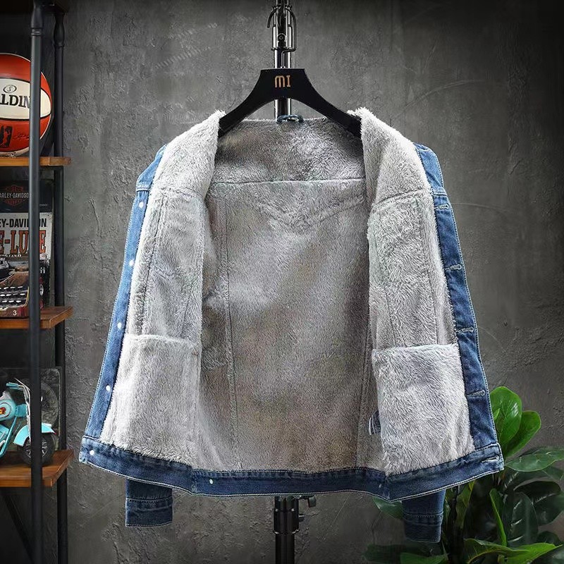 W inverno forro de lã engrossado quente Workwear Denim jaqueta masculina versão coreana fino-ajuste estudante jaqueta na