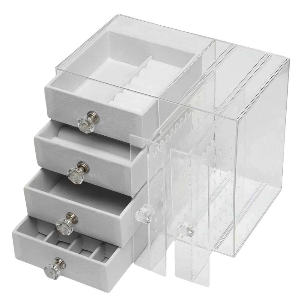 Expositor Caixa Porta Joia Acrilico Organizador Bijuteria 4 Gaveta Anel Brinco Pulseira Colar Veludo Luxo Transparente