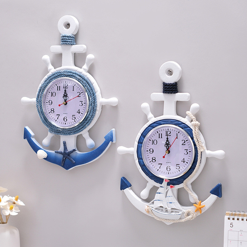 Estilo mediterrâneo azul branco leme âncora relógio de parede relógio eletrônico decoração relógio náutico