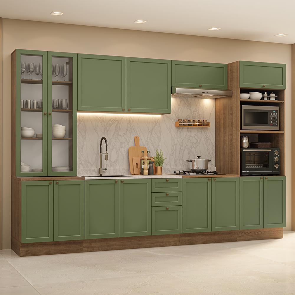 Armário de Cozinha Completa 340 cm Rustic/Verde Vik Madesa 01